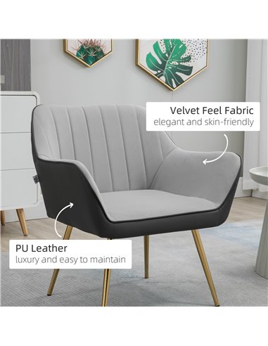 HOMCOM Modern Velvet Armchairs with Gold Steel Legs, Light Grey