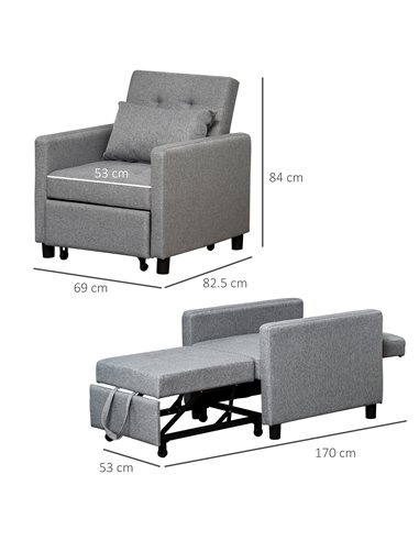HOMCOM Modern 2-In-1 Single Sofa Bed, Foldable Lounger Armchair with Adjustable Backrest, Grey