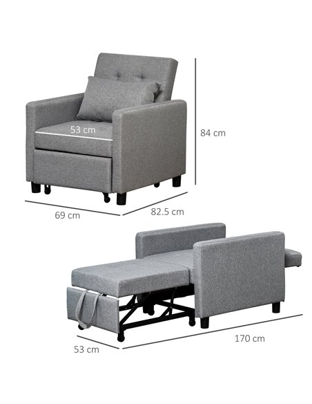 HOMCOM Modern 2-In-1 Single Sofa Bed, Foldable Lounger Armchair with Adjustable Backrest, Grey - pic 24470 | FastDaddyshop