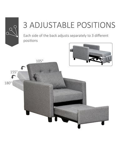 HOMCOM Modern 2-In-1 Single Sofa Bed, Foldable Lounger Armchair with Adjustable Backrest, Grey