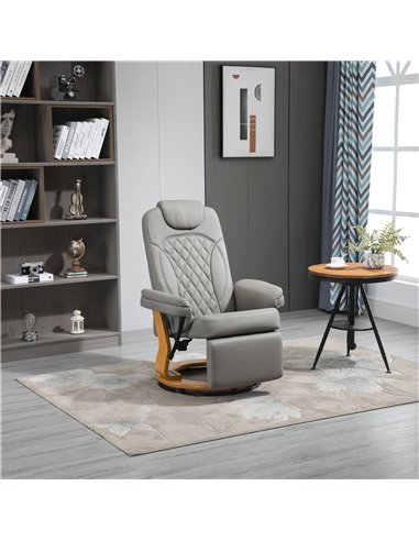 HOMCOM PU Recliner Chair with Footrest, Headrest, Round Wooden Base, Grey