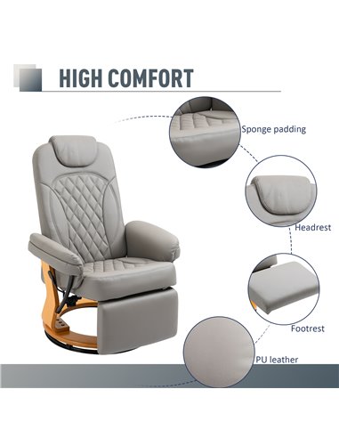 HOMCOM PU Recliner Chair with Footrest, Headrest, Round Wooden Base, Grey