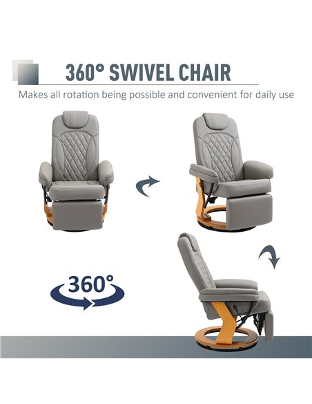HOMCOM PU Recliner Chair with Footrest, Headrest, Round Wooden Base, Grey - pic 24482 | FastDaddyshop
