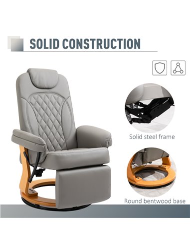 HOMCOM PU Recliner Chair with Footrest, Headrest, Round Wooden Base, Grey