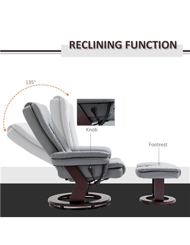 HOMCOM Manual Recliner and Footrest Set PU Leather Leisure Lounge Chair Armchair with Swivel Wood Base, Grey