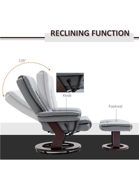 HOMCOM Manual Recliner and Footrest Set PU Leather Leisure Lounge Chair Armchair with Swivel Wood Base, Grey - pic 24489 | FastDaddyshop