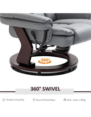 HOMCOM Manual Recliner and Footrest Set PU Leather Leisure Lounge Chair Armchair with Swivel Wood Base, Grey