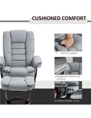 HOMCOM Manual Recliner and Footrest Set PU Leather Leisure Lounge Chair Armchair with Swivel Wood Base, Grey