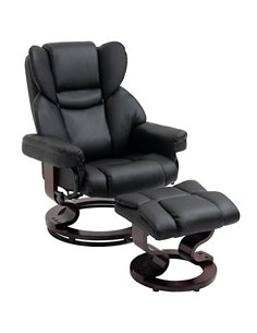 HOMCOM PU Leather Reclining Swivel Armchair with Footstool, Metal Frame, Bentwood Base, Black