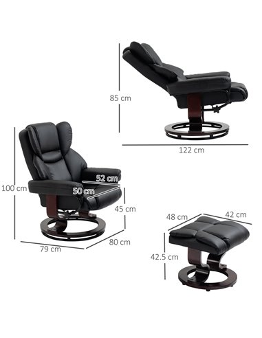 HOMCOM PU Leather Reclining Swivel Armchair with Footstool, Metal Frame, Bentwood Base, Black