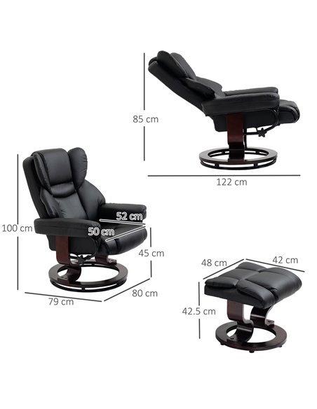HOMCOM PU Leather Reclining Swivel Armchair with Footstool, Metal Frame, Bentwood Base, Black - pic 24506 | FastDaddyshop