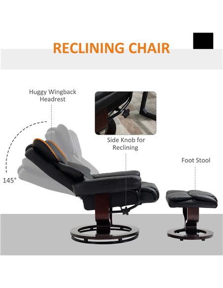 HOMCOM Reclining Swivel Armchair Footstool Set Sofa Padded PU Leather Relaxing Manual Duo Metal Frame Bentwood Base Black - pic 24507 | FastDaddyshop
