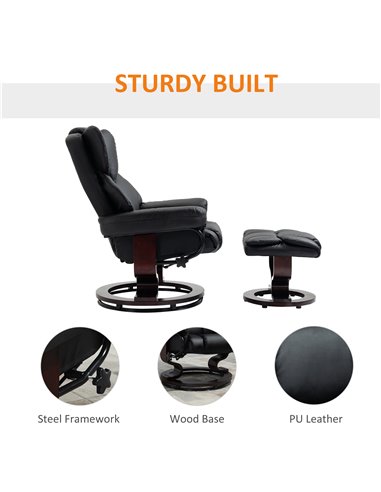 HOMCOM Reclining Swivel Armchair Footstool Set Sofa Padded PU Leather Relaxing Manual Duo Metal Frame Bentwood Base Black