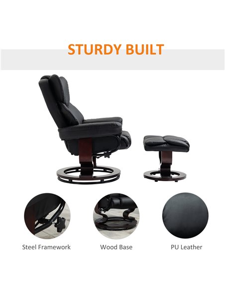 HOMCOM Reclining Swivel Armchair Footstool Set Sofa Padded PU Leather Relaxing Manual Duo Metal Frame Bentwood Base Black - pic 24508 | FastDaddyshop