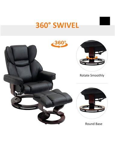 HOMCOM Reclining Swivel Armchair Footstool Set Sofa Padded PU Leather Relaxing Manual Duo Metal Frame Bentwood Base Black