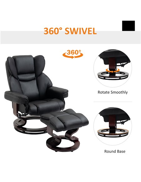 HOMCOM Reclining Swivel Armchair Footstool Set Sofa Padded PU Leather Relaxing Manual Duo Metal Frame Bentwood Base Black - pic 24509 | FastDaddyshop