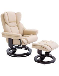 HOMCOM PU Leather Reclining Swivel Armchair with Footstool, Metal Frame, Bentwood Base, Cream
