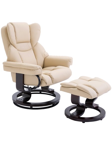 HOMCOM PU Leather Reclining Swivel Armchair with Footstool, Metal Frame, Bentwood Base, Cream - pic 24513 | FastDaddyshop