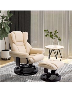 HOMCOM PU Leather Reclining Swivel Armchair with Footstool, Metal Frame, Bentwood Base, Cream 2