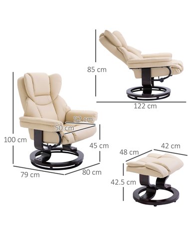 HOMCOM PU Leather Reclining Swivel Armchair with Footstool, Metal Frame, Bentwood Base, Cream