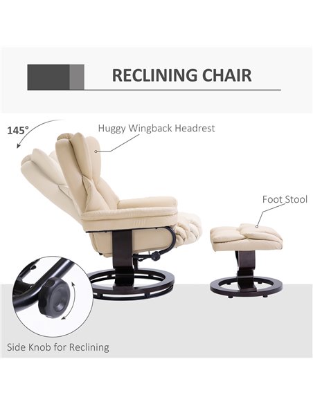 HOMCOM PU Leather Reclining Swivel Armchair with Footstool, Metal Frame, Bentwood Base, Cream - pic 24516 | FastDaddyshop