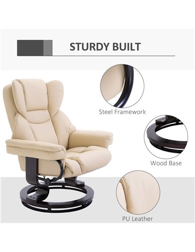 HOMCOM Reclining Swivel Armchair Footstool Set Sofa Padded PU Leather Relaxing Manual Duo Metal Frame Bentwood Base Cream