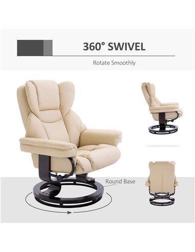 HOMCOM Reclining Swivel Armchair Footstool Set Sofa Padded PU Leather Relaxing Manual Duo Metal Frame Bentwood Base Cream