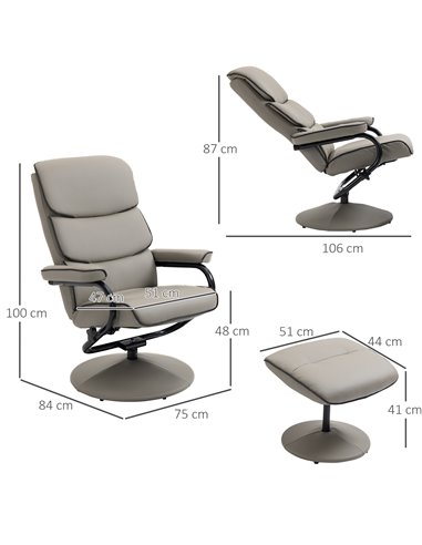 HOMCOM Faux Leather Recliner Chair with Footrest Stool, Grey