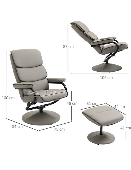 HOMCOM Faux Leather Recliner Chair with Footrest Stool, Grey - pic 24542 | FastDaddyshop