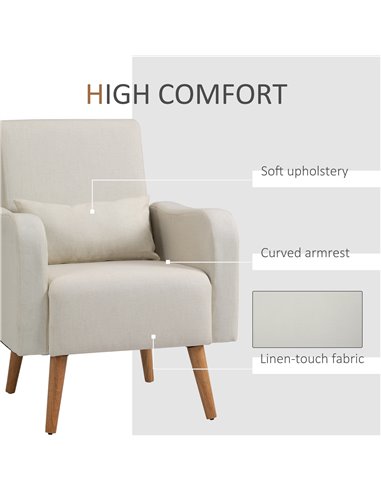 HOMCOM Linen-Touch Armchair, Upholstered Leisure Lounge Sofa with Wooden Frame, Cream