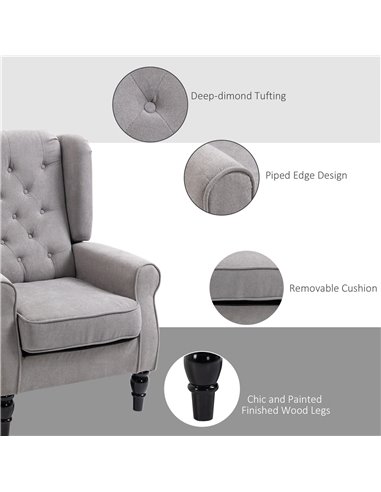 HOMCOM Retro Accent Chair, Wingback Armchair with Wood Frame Button Tufted Design for Living Room Bedroom, Grey
