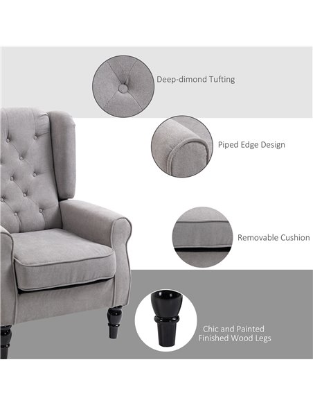 HOMCOM Retro Accent Chair, Wingback Armchair with Wood Frame Button Tufted Design for Living Room Bedroom, Grey - pic 24562 | FastDaddyshop