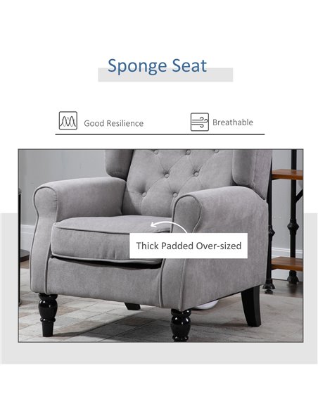 HOMCOM Retro Accent Chair, Wingback Armchair with Wood Frame Button Tufted Design for Living Room Bedroom, Grey - pic 24563 | FastDaddyshop