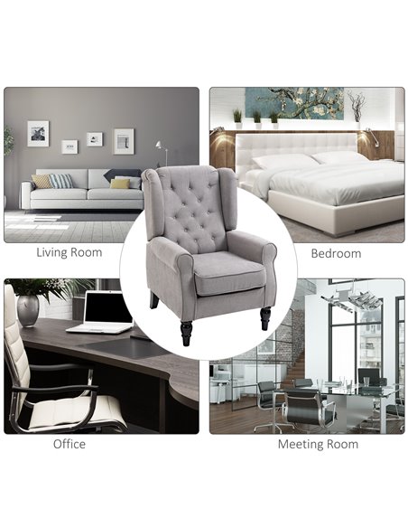 HOMCOM Retro Accent Chair, Wingback Armchair with Wood Frame Button Tufted Design for Living Room Bedroom, Grey - pic 24564 | FastDaddyshop