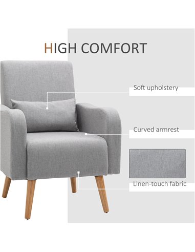 HOMCOM Accent Chair, Linen-Touch Armchair, Upholstered Leisure Lounge Sofa, Club Chair with Wooden Frame, Grey