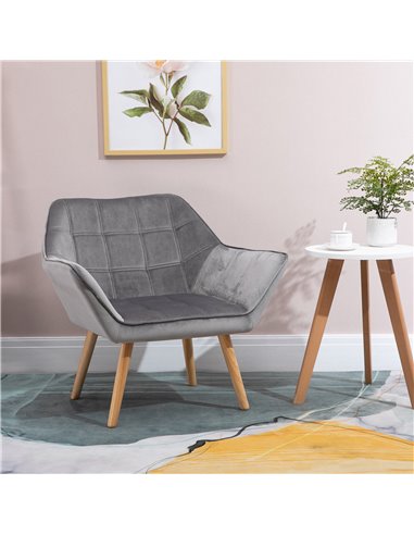 HOMCOM Armchair with Wide Arms, Iron Frame, Wooden Legs, Grey