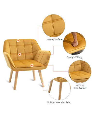 HOMCOM Armchair Accent Chair Wide Arms Slanted Back Padding Iron Frame Wooden Legs Home Bedroom Furniture Seating Yellow