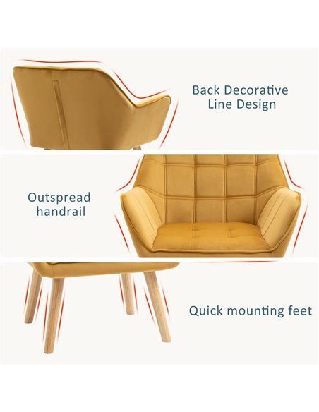 HOMCOM Armchair Accent Chair Wide Arms Slanted Back Padding Iron Frame Wooden Legs Home Bedroom Furniture Seating Yellow - pic 24616 | FastDaddyshop