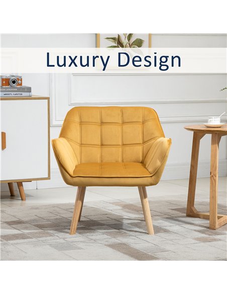 HOMCOM Armchair Accent Chair Wide Arms Slanted Back Padding Iron Frame Wooden Legs Home Bedroom Furniture Seating Yellow - pic 24617 | FastDaddyshop
