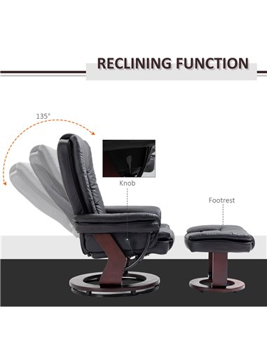 HOMCOM PU Leather Recliner and Footrest Set, Lounge Armchair, Black