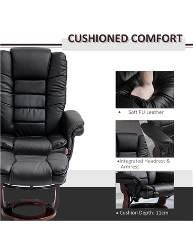 HOMCOM Manual Recliner and Footrest Set PU Leather Leisure Lounge Chair Armchair with Swivel Wood Base, Black