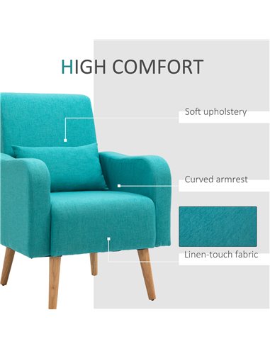 HOMCOM Linen-Touch Armchair, Lounge Sofa with Wooden Frame, Teal