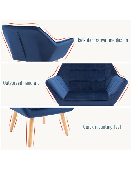 HOMCOM Armchair with Wide Arms, Iron Frame, Wooden Legs, Blue - pic 24661 | FastDaddyshop