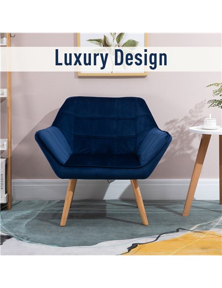 HOMCOM Armchair Accent Chair Wide Arms Slanted Back Padding Iron Frame Wooden Legs Home Bedroom Furniture Seating Blue - pic 24662 | FastDaddyshop