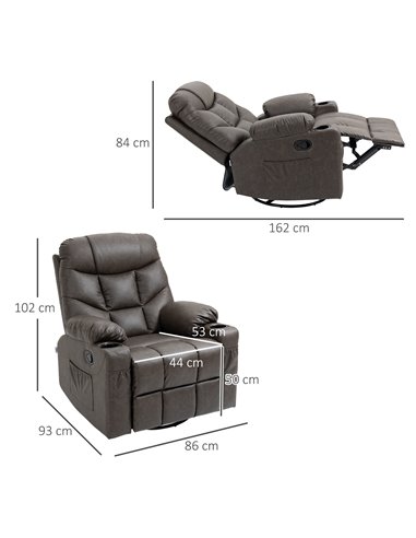 HOMCOM Recliner Armchair with Faux Leather, Footrest, Cup Holders, Brown