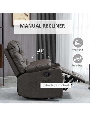 HOMCOM Recliner Armchair with Faux Leather, Footrest, Cup Holders, Brown