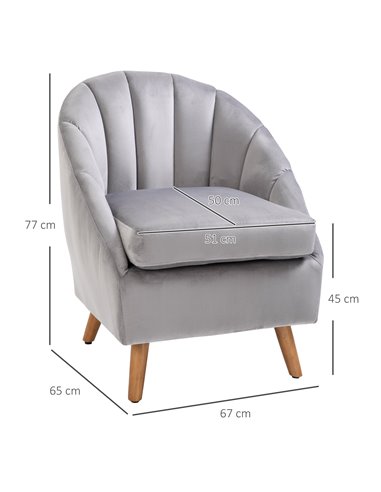 HOMCOM Velvet Fabric Single Sofa Armchair with Solid Wood Leg, Grey