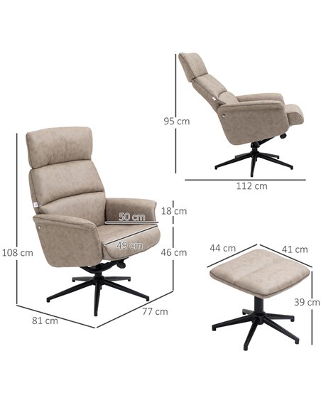 HOMCOM Upholstered Reclining Armchair with Ottoman, Adjustable and Removable Headrest, Khaki - pic 24731 | FastDaddyshop