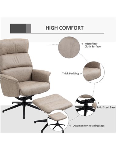HOMCOM Upholstered Reclining Armchair with Ottoman, Adjustable and Removable Headrest, Khaki
