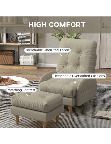 HOMCOM Upholstered Armchair with Footstool, Adjustable Backrest, Cushions, Beige - pic 24796 | FastDaddyshop